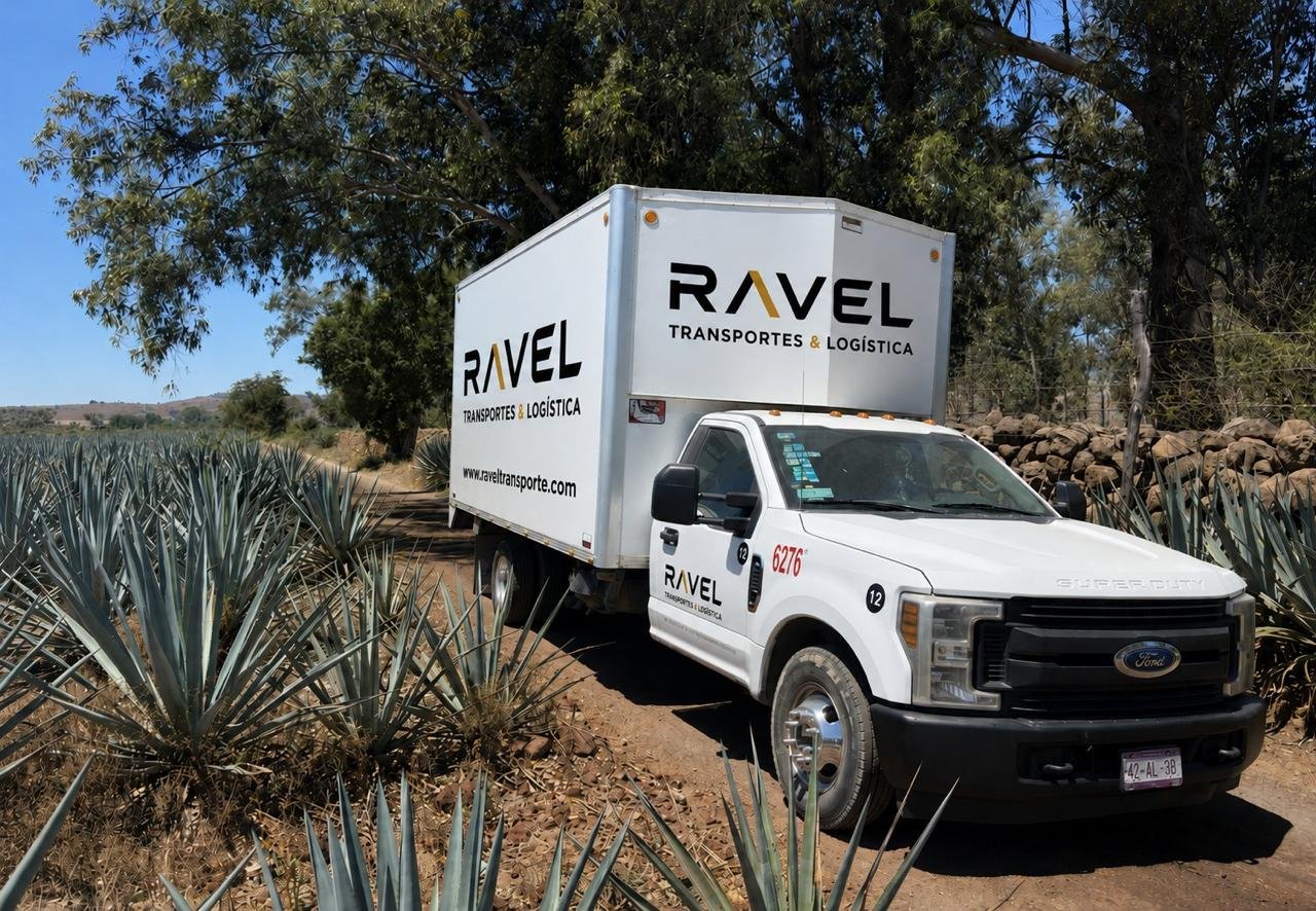 Camión RAVEL en camino rural con caja rotulada